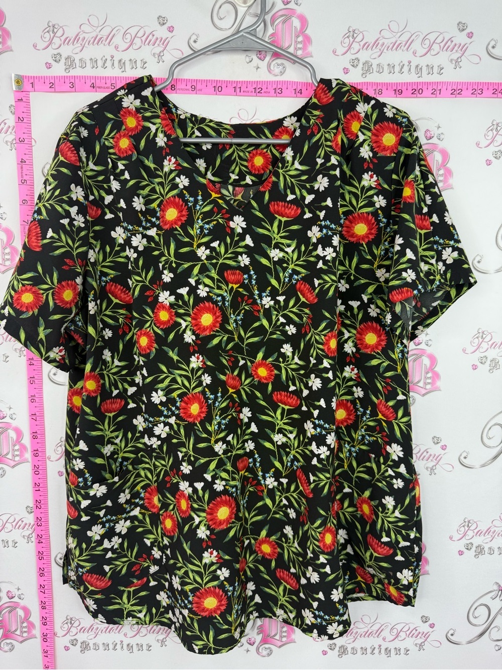 Floral Short-Sleeve Women’s Top - Black with Red Flowers